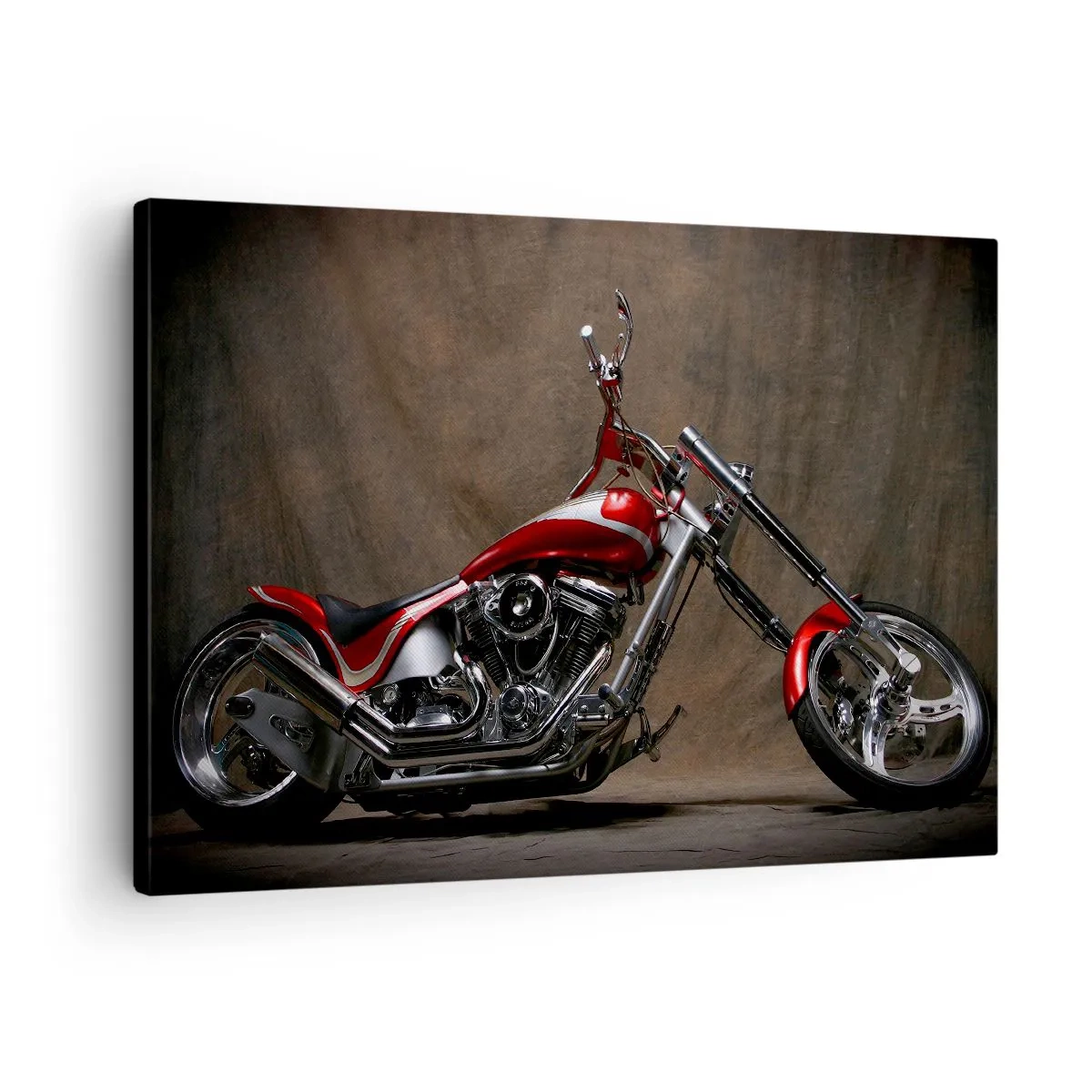 Quadro em tela - Motocicleta vermelha personalizada sobre fundo de tecido marrom - 70x50cm - Beleza vermelho-prata - Decoração de parede moderna para a sala de estar e quarto ARTTOR