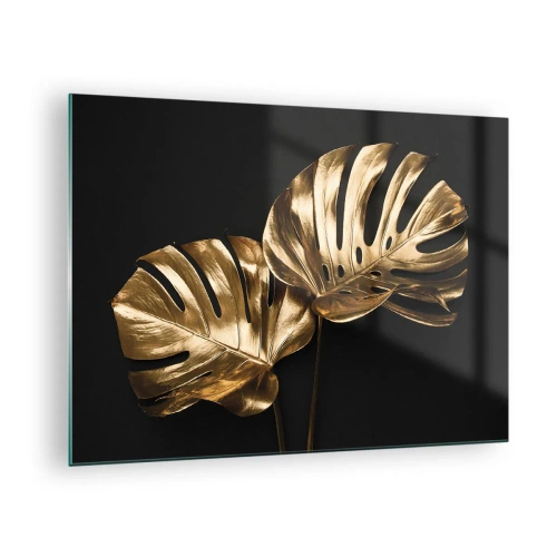 Quadro em vidro - Folhas de monstera douradas em um fundo preto - 70x50cm - Tesouros da natureza - Decoração de parede moderna para a sala de estar e quarto ARTTOR