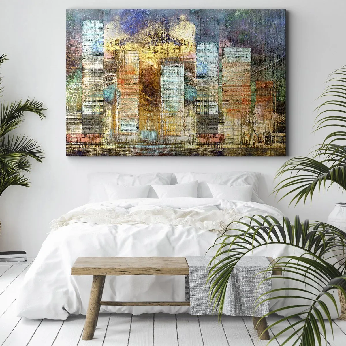 Quadro em tela - Arranha-céus abstratos em estilo industrial - 70x50cm - Uma metrópole ensolarada - Decoração de parede moderna para a sala de estar e quarto ARTTOR