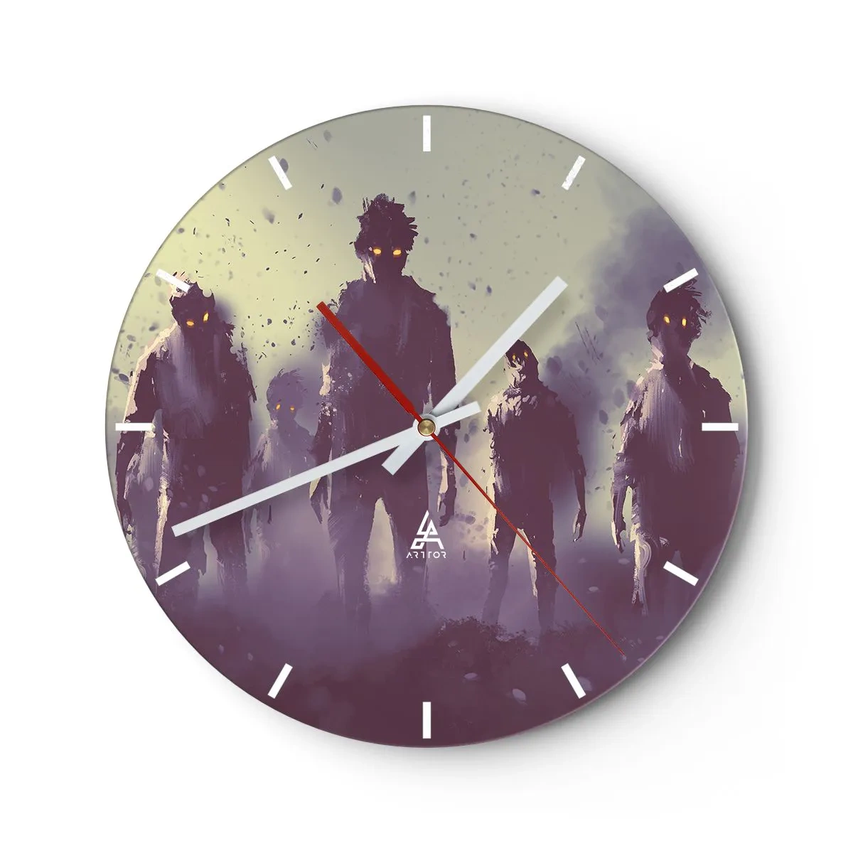 Relógio de parede - Relógio em vidro - Figuras escuras em um fundo nebuloso - 30x30cm - Cuidado! Estão a chegar - Decoração de parede moderna para a sala de estar, cozinha e quarto ARTTOR