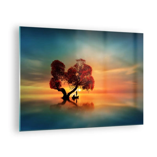Quadro em vidro - Uma árvore com folhas vermelhas contra o pano de fundo do pôr do sol - 70x50cm - A distância e o silêncio do mundo - Decoração de parede moderna para a sala de estar e quarto ARTTOR