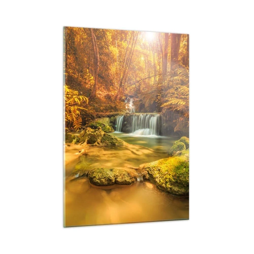 Quadro em vidro - Cascata na floresta em ouro - 50x70 cm