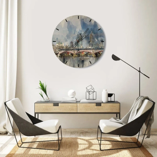 Relógio de parede - Relógio em vidro - Ponte de Londres e horizonte em estilo aquarela - 30x30cm - Londres em toda a sua glória - Decoração de parede moderna para a sala de estar, cozinha e quarto ARTTOR