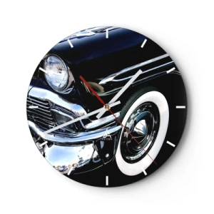 Relógio de parede - Relógio em vidro - Um carro retrô preto brilhante com um estilo clássico - 30x30cm - Clássicos em prata, preto e branco - Decoração de parede moderna para a sala de estar, cozinha e quarto ARTTOR