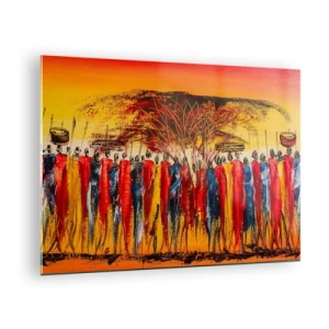 Quadro em vidro - Uma cena colorida com pessoas em trajes tradicionais africanos - 70x50cm - Lá, lá, lá vão eles - Decoração de parede moderna para a sala de estar e quarto ARTTOR