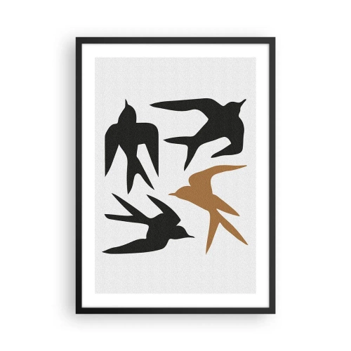 Pôster com moldura preta - Silhuetas estilizadas de andorinhas em um fundo claro - 50x70cm - Engula a diversão - Decoração de parede moderna para a sala de estar e quarto ARTTOR