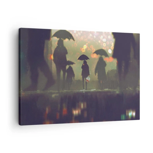 Quadro em tela - Uma figura com um guarda-chuva em uma noite chuvosa entre as luzes da cidade - 70x50cm - Da perspectiva de uma gota de chuva - Decoração de parede moderna para a sala de estar e quarto ARTTOR