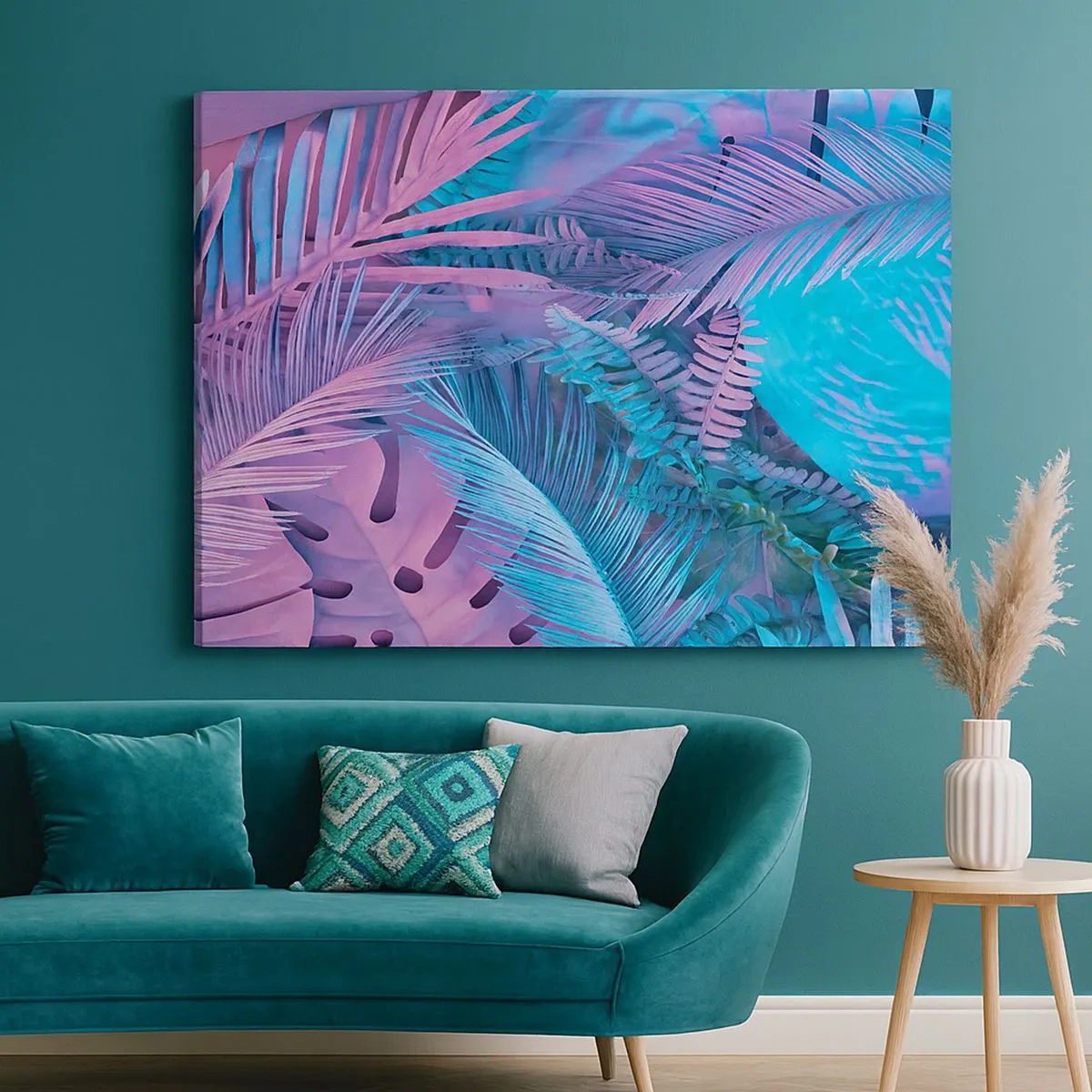 Quadro em tela - Folhas tropicais em tons de rosa e azul - 70x50cm - Trópicos em rosa e azul - Decoração de parede moderna para a sala de estar e quarto ARTTOR