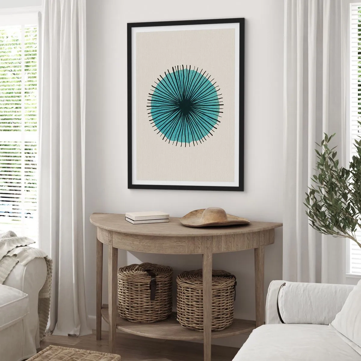Pôster com moldura preta - Padrão geométrico em forma de círculo radial - 50x70cm - Radiante sobre o azul - Decoração de parede moderna para a sala de estar e quarto ARTTOR