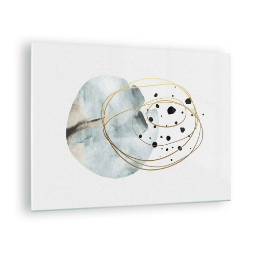 Quadro em vidro - Composição abstrata com uma mancha azul e linhas douradas - 70x50cm - No abraço ao espaço - Decoração de parede moderna para a sala de estar e quarto ARTTOR