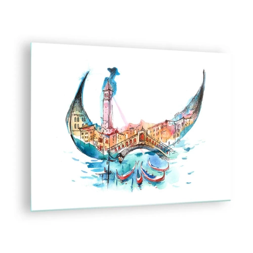 Quadro em vidro - Panorama em aquarela de Veneza em forma de máscara - 70x50cm - Navegamos pela cidade - Decoração de parede moderna para a sala de estar e quarto ARTTOR
