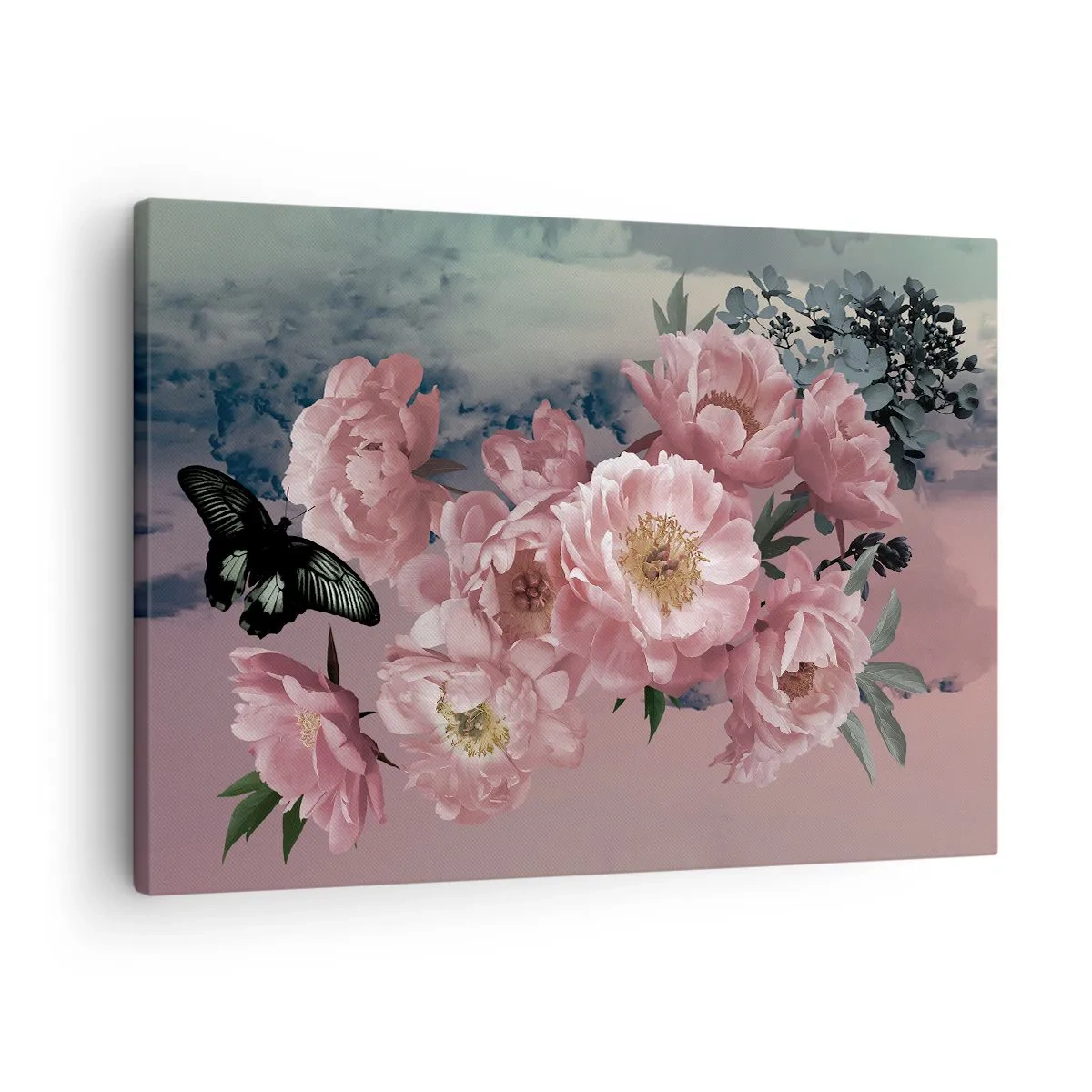 Quadro em tela - Peônias rosa com uma borboleta em um fundo pastel - 70x50cm - O auge do romantismo - Decoração de parede moderna para a sala de estar e quarto ARTTOR