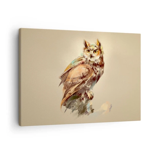 Quadro em tela - Retrato artístico de uma coruja sobre um fundo claro em tons quentes. - 70x50cm - A coruja mais inteligente - a floresta confirma - Decoração de parede moderna para a sala de estar e quarto ARTTOR