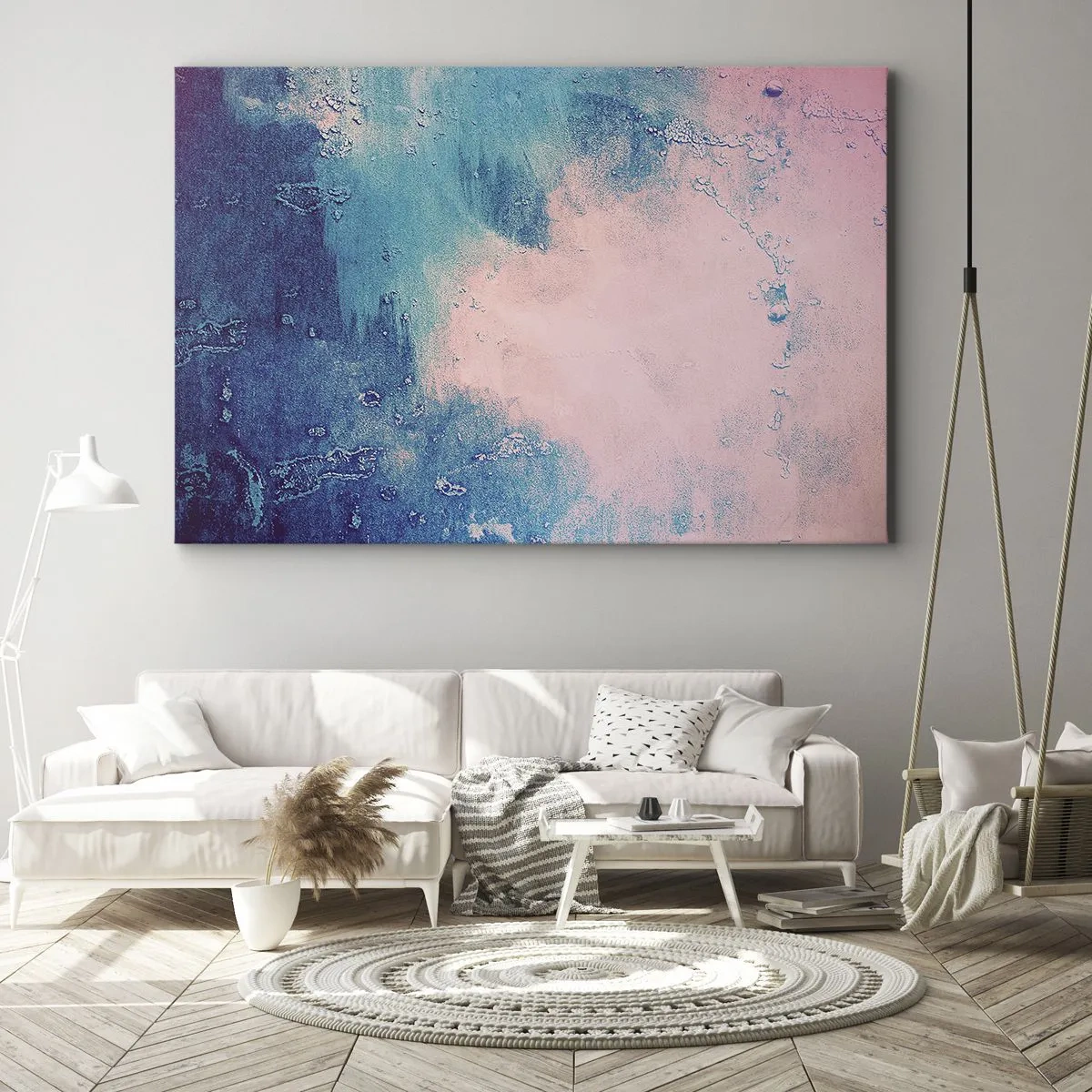 Quadro em tela - Textura abstrata em tons de rosa e azul - 70x50cm - Abraço azul - Decoração de parede moderna para a sala de estar e quarto ARTTOR