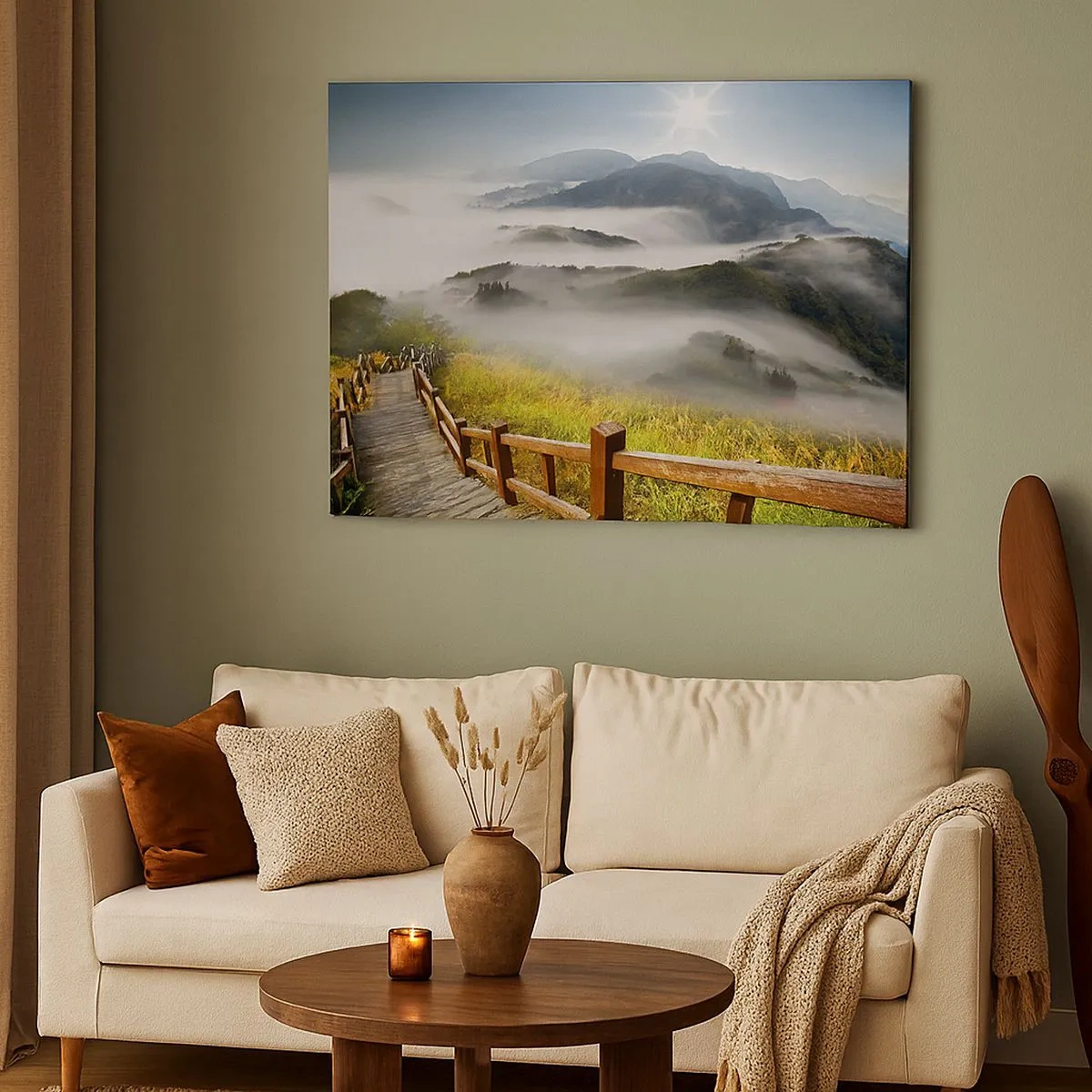 Quadro em tela - Um caminho de madeira entre as montanhas enevoadas pela manhã - 70x50cm - Tecido de brilho e névoa - Decoração de parede moderna para a sala de estar e quarto ARTTOR