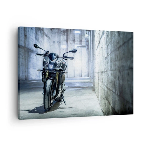 Quadro em tela - Uma motocicleta moderna em um interior industrial - 70x50cm - Antes do motor rugir - Decoração de parede moderna para a sala de estar e quarto ARTTOR