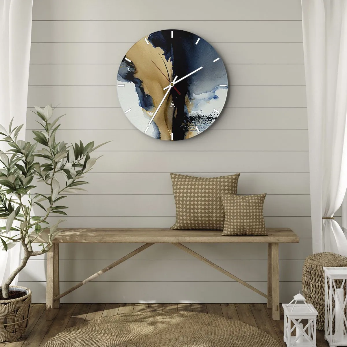 Relógio de parede - Relógio em vidro - Aquarela abstrata com contraste de azul marinho e bege - 30x30cm - Atrás da cortina - Decoração de parede moderna para a sala de estar, cozinha e quarto ARTTOR