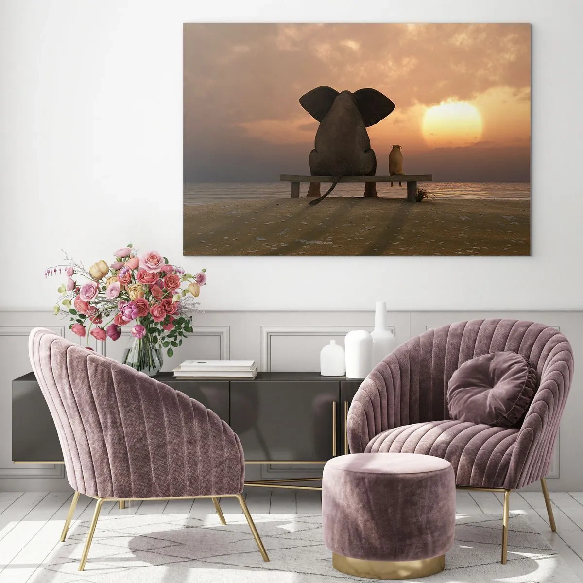 Quadro em vidro - Elefante e cachorro em um banco ao pôr do sol - 70x50cm - Como é bom ficarmos em silêncio juntos - Decoração de parede moderna para a sala de estar e quarto ARTTOR