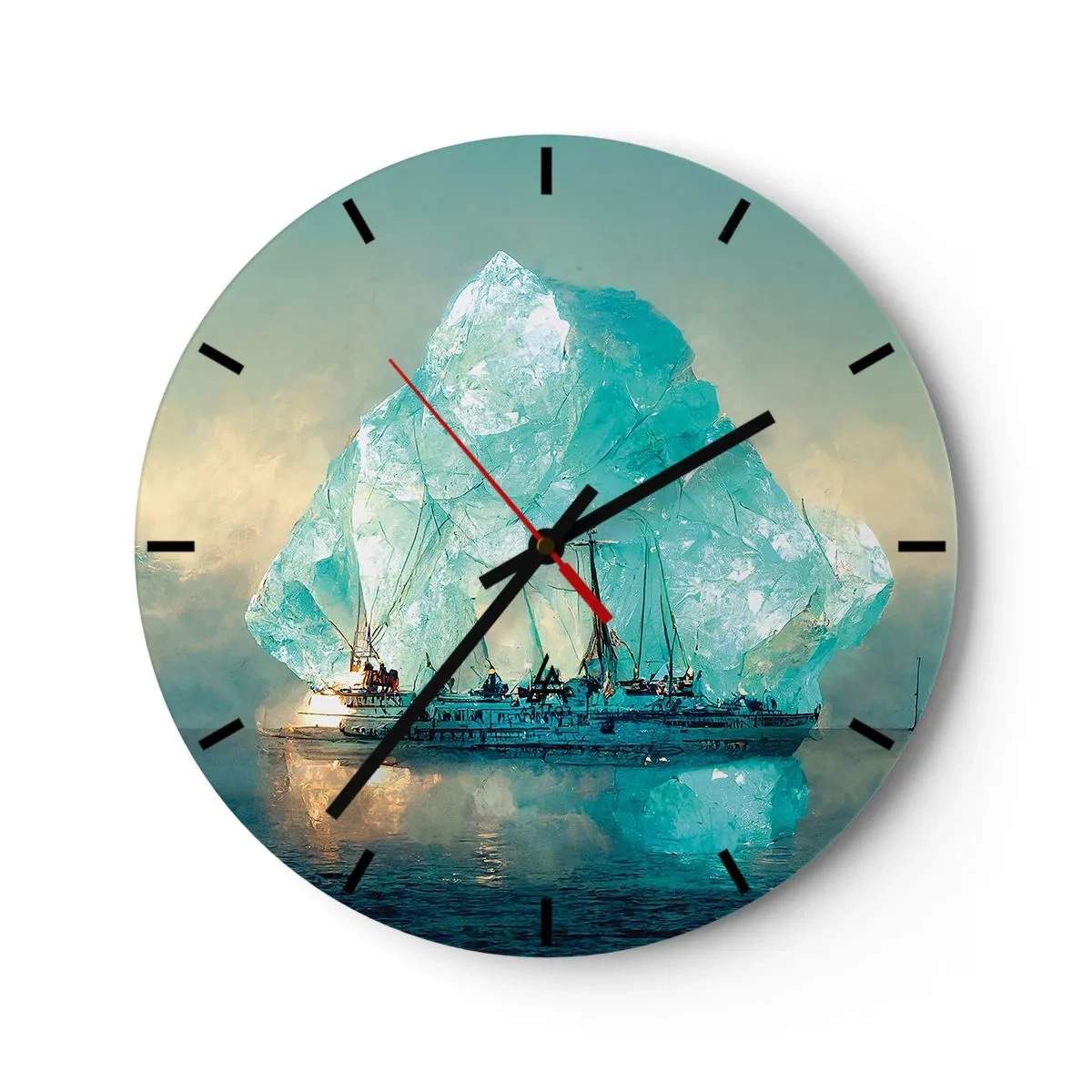 Relógio de parede - Relógio em vidro - Um navio entre icebergs azuis contra o céu - 30x30cm - Diamante Ártico - Decoração de parede moderna para a sala de estar, cozinha e quarto ARTTOR