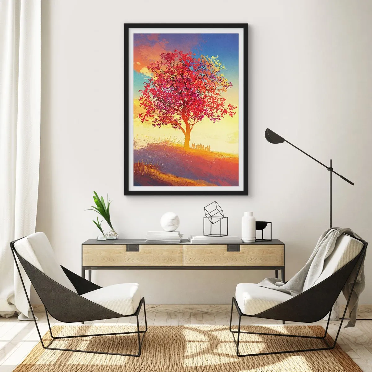 Pôster com moldura preta - Uma árvore com folhas vermelhas tendo como pano de fundo o pôr do sol - 50x70cm - O peregrino no seu destino - Decoração de parede moderna para a sala de estar e quarto ARTTOR