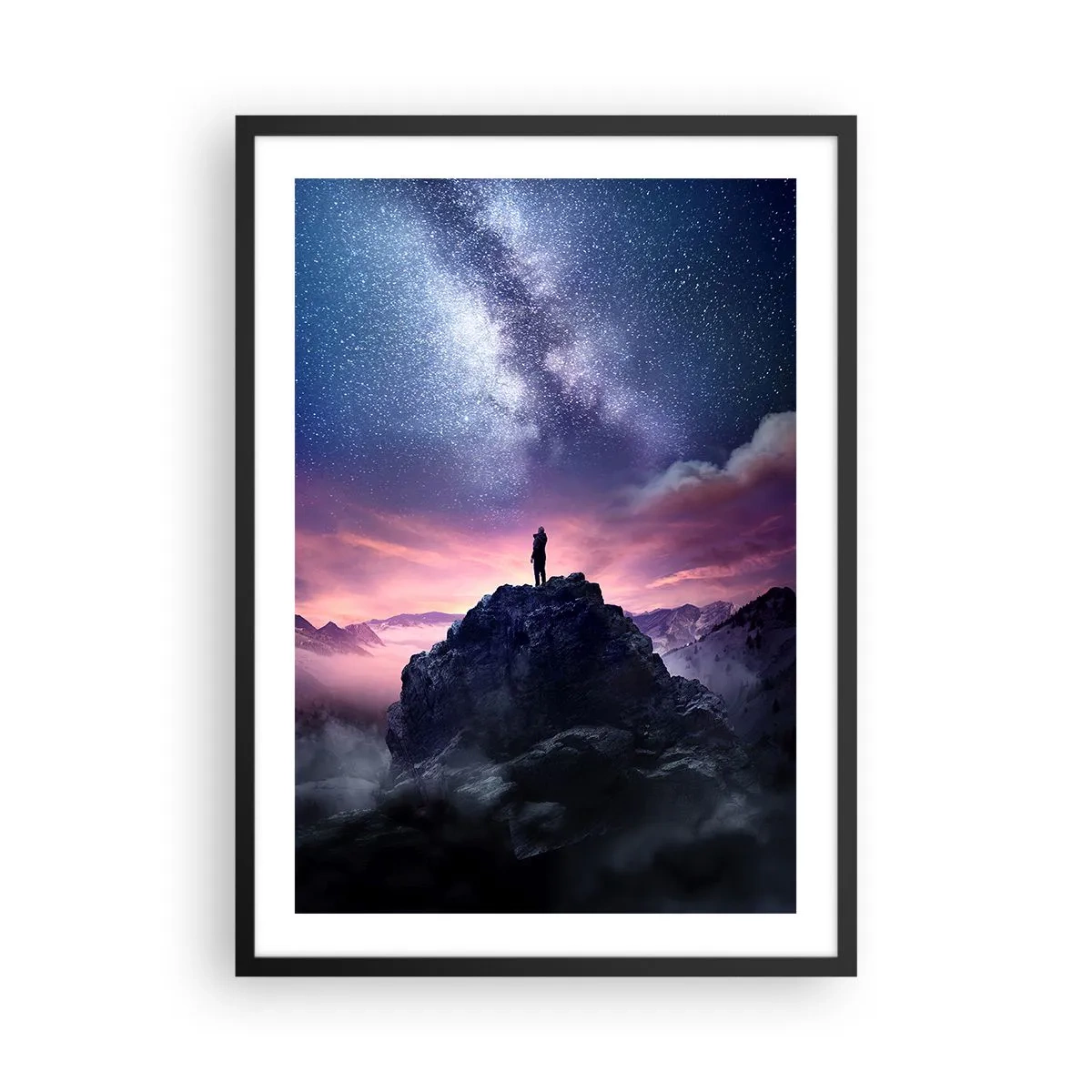Pôster com moldura preta - Silhueta de uma pessoa no topo de uma montanha sob um céu estrelado - 50x70cm - E sentiu a vida - Decoração de parede moderna para a sala de estar e quarto ARTTOR