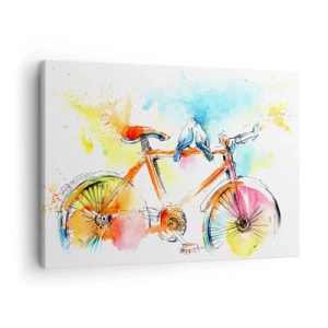 Quadro em tela - Pintura em aquarela colorida de uma bicicleta com pássaros sentados nela - 70x50cm - A dois na bicicleta - Decoração de parede moderna para a sala de estar e quarto ARTTOR