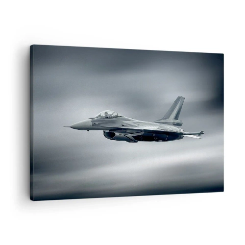 Quadro em tela - Um jato de caça em voo contra um céu nublado - 70x50cm - Vai lançar o desafio? - Decoração de parede moderna para a sala de estar e quarto ARTTOR