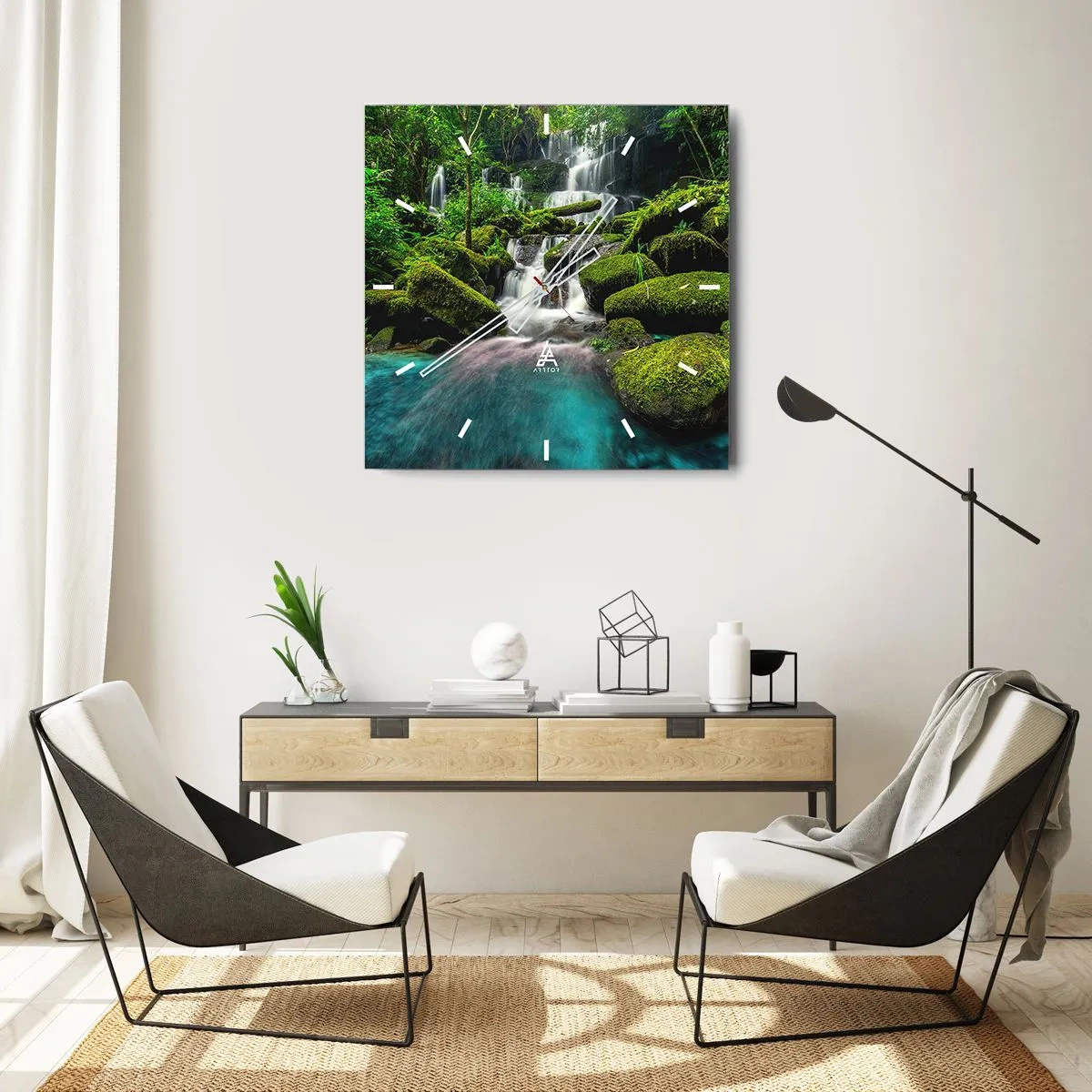 Relógio de parede - Relógio em vidro - Turquesa, safiras e prata líquida - 30x30 cm