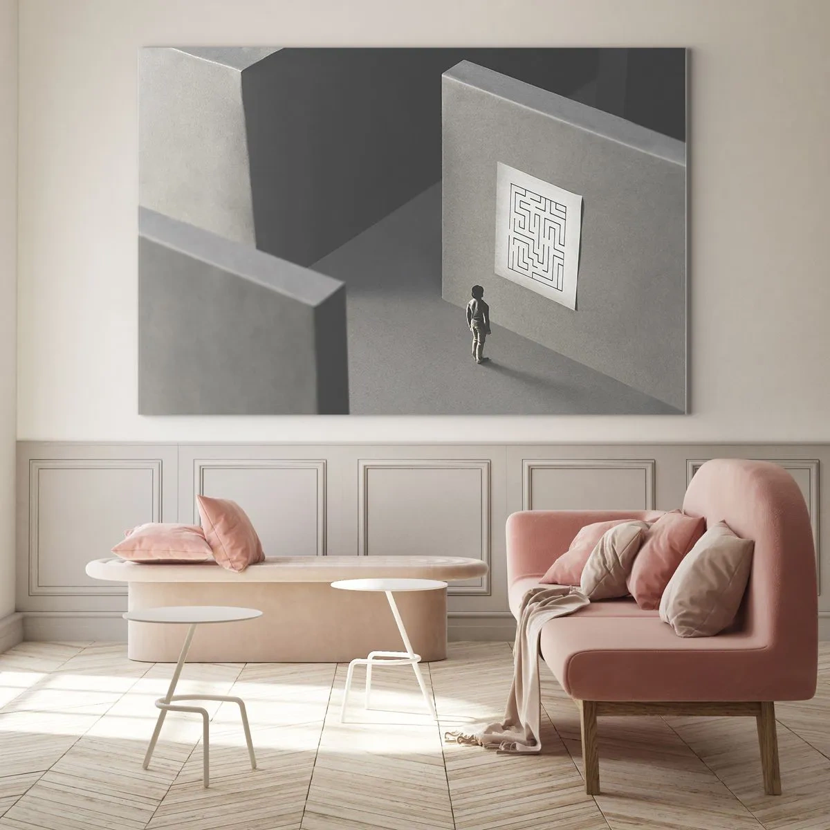 Quadro em vidro - Criança em um labirinto com um símbolo de enigma - 70x50cm - Mas onde estou? - Decoração de parede moderna para a sala de estar e quarto ARTTOR