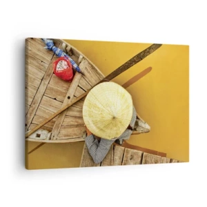 Quadro em tela - Um barco tradicional visto de cima - 70x50cm - A vida no rio amarelo - Decoração de parede moderna para a sala de estar e quarto ARTTOR