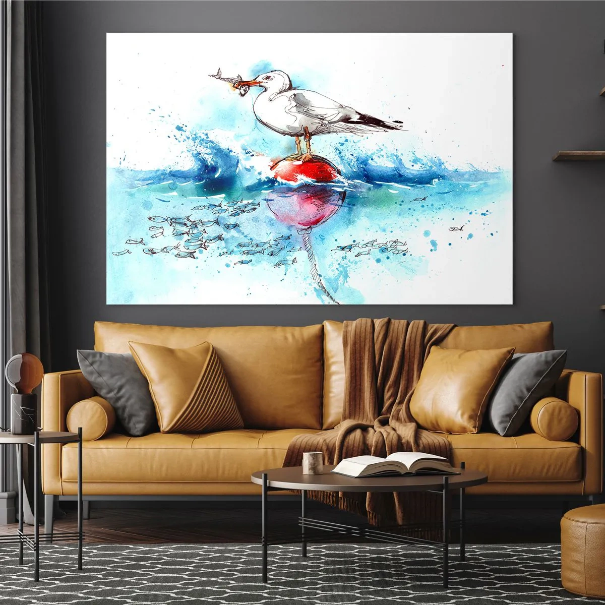 Quadro em vidro - Uma gaivota em uma bóia com um peixe no fundo das ondas do mar - 70x50cm - Pesca bem sucedida - Decoração de parede moderna para a sala de estar e quarto ARTTOR