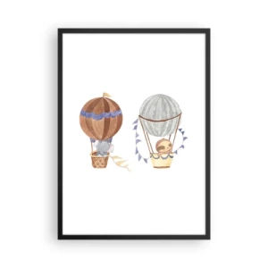 Pôster com moldura preta - Animais fofos em balões sobre fundo branco em estilo aquarela - 50x70cm - Amigos em movimento - Decoração de parede moderna para a sala de estar e quarto ARTTOR