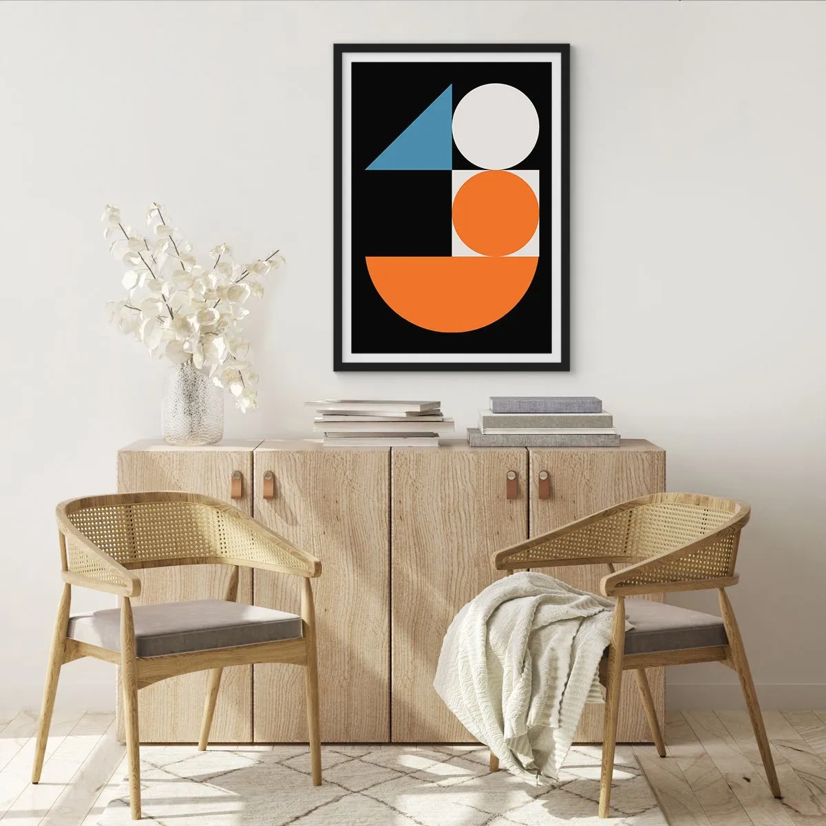 Pôster com moldura preta - Padrão geométrico moderno com círculos, triângulos e semicírculos - 50x70cm - Disposição das figuras - Decoração de parede moderna para a sala de estar e quarto ARTTOR