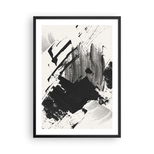Pôster com moldura preta - Pinceladas abstratas em preto e branco - 50x70cm - Abstração – expressão do preto - Decoração de parede moderna para a sala de estar e quarto ARTTOR