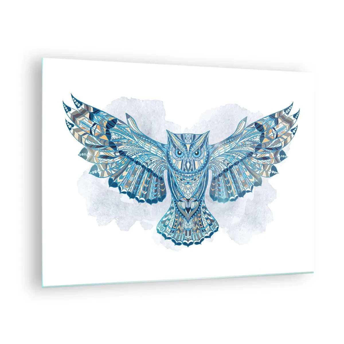 Quadro em vidro - Coruja azul com asas abertas em estilo geométrico - 70x50cm - De um bosque sagrado celta - Decoração de parede moderna para a sala de estar e quarto ARTTOR