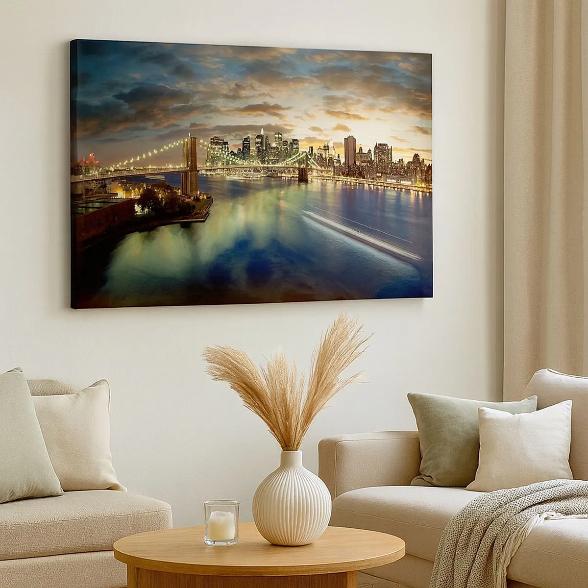Quadro em tela - Uma ponte iluminada com a cidade ao fundo, com luzes refletidas na água. - 70x50cm - Uma noite bem iluminada em Manhattan - Decoração de parede moderna para a sala de estar e quarto ARTTOR