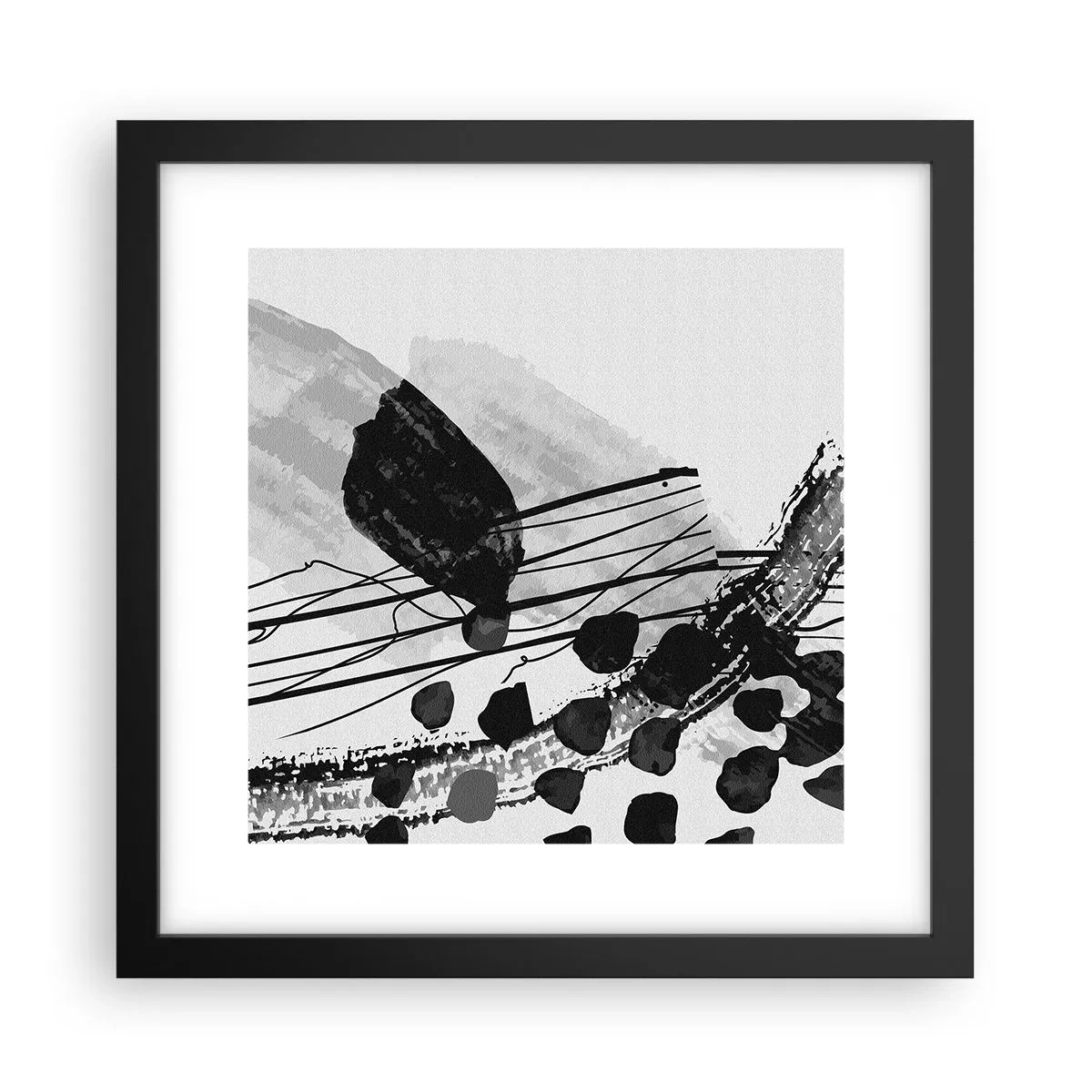 Pôster com moldura preta - Abstração orgánica em preto e branco - 30x30 cm