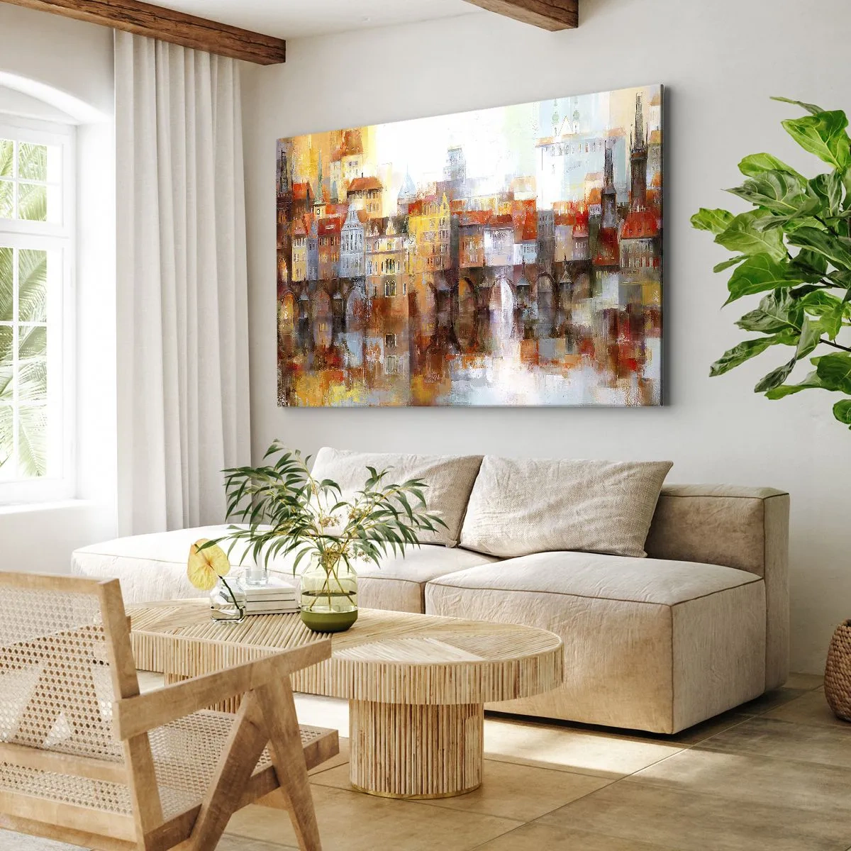 Quadro em tela - Um panorama pitoresco da cidade com uma ponte em cores de outono - 70x50cm - Debaixo da ponte também é bonito - Decoração de parede moderna para a sala de estar e quarto ARTTOR
