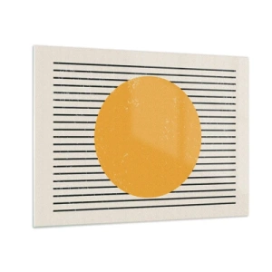 Quadro em vidro - Um círculo laranja sobre um fundo de linhas pretas horizontais em um fundo bege. - 70x50cm - O poder da simplicidade - Decoração de parede moderna para a sala de estar e quarto ARTTOR