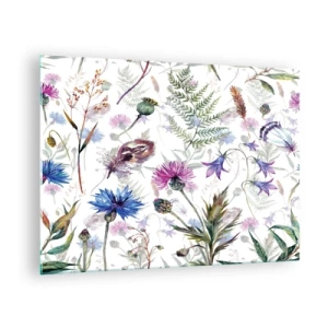 Quadro em vidro - Desenhos de flores silvestres e folhas em fundo claro - 70x50cm - Herbário polaco - Decoração de parede moderna para a sala de estar e quarto ARTTOR