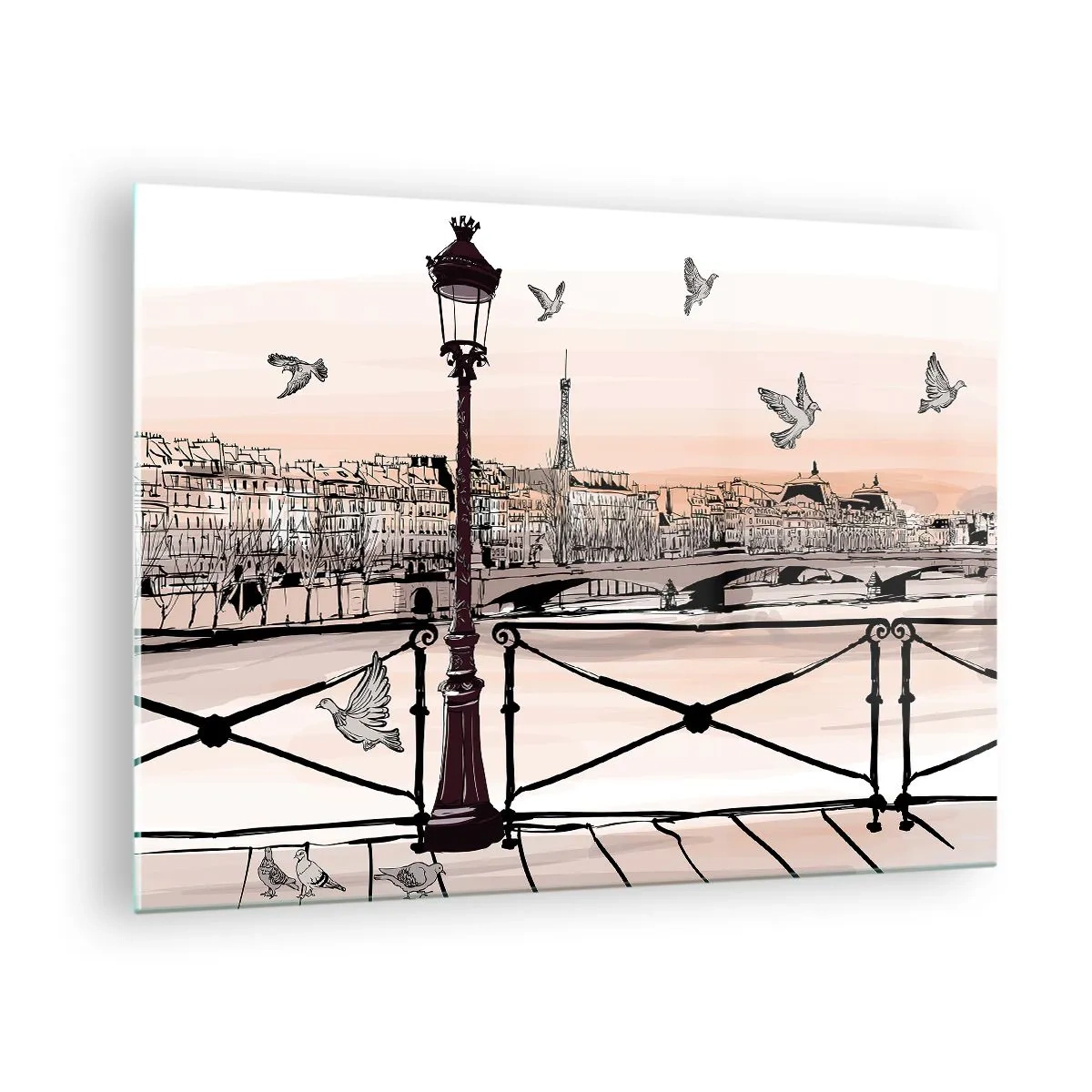 Quadro em vidro - Ilustração de uma rua parisiense com vista para a Torre Eiffel ao amanhecer - 70x50cm - Sobre os telhados de Paris - Decoração de parede moderna para a sala de estar e quarto ARTTOR