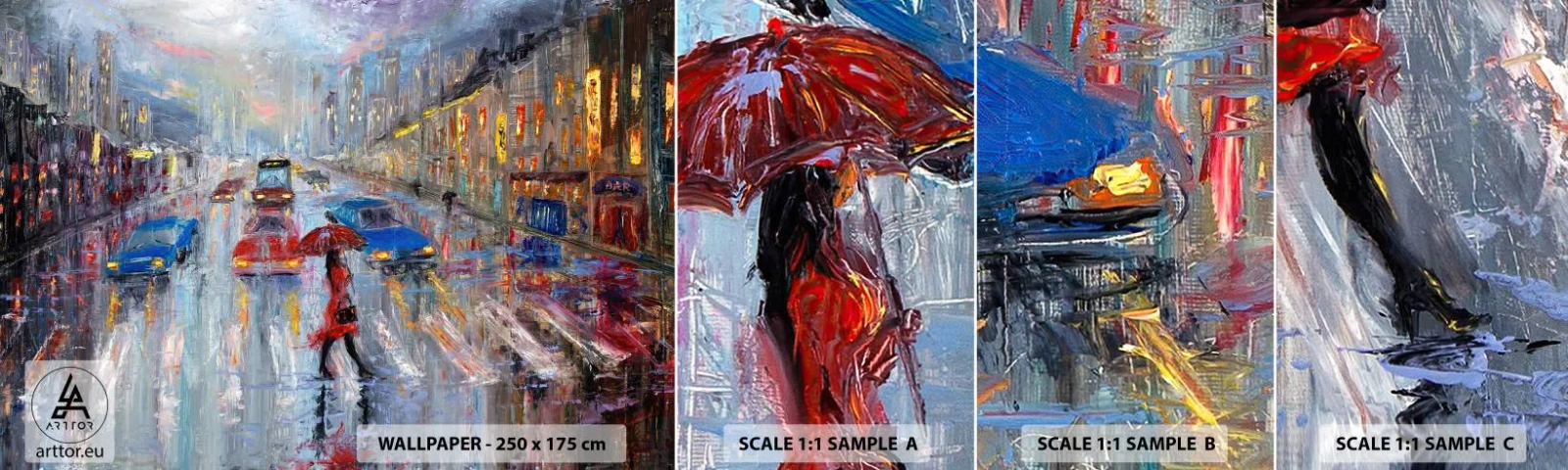 Amostra de papel de parede autocolante Deluxe Sticker - Tarde chuvosa na cidade - Cidade, Arquitetura, Caminhada na chuva - 100x30 cm