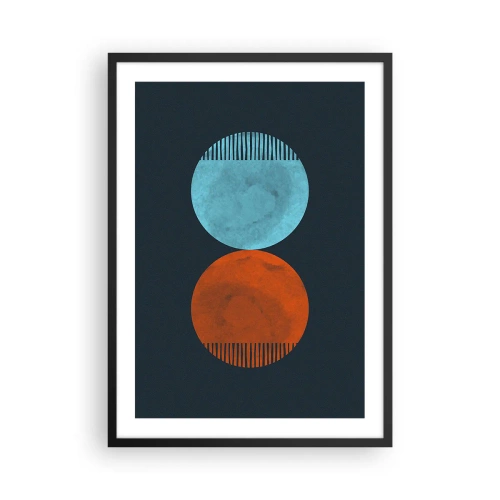 Pôster com moldura preta - Dois círculos – azul e laranja em um fundo azul marinho - 50x70cm - Apenas geometria? - Decoração de parede moderna para a sala de estar e quarto ARTTOR