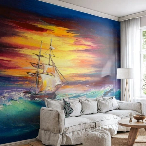 Papel de Parede Premium Sand - Corajosamente contra as ondas - Veleiro, Mar, Tempestade - 100x70 cm