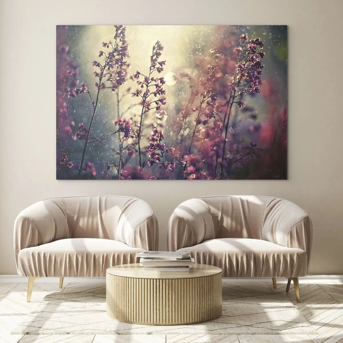 Quadro em vidro - Flores ao sol na chuva suave - 70x50cm - Jardim Secreto - Decoração de parede moderna para a sala de estar e quarto ARTTOR