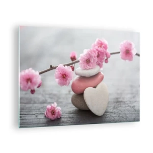 Quadro em vidro - Flores de cerejeira rosa e pedras em forma de coração - 70x50cm - Flor de cerejeira - Decoração de parede moderna para a sala de estar e quarto ARTTOR