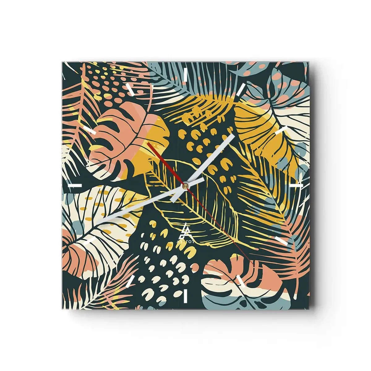 Relógio de parede - Relógio em vidro - Fantasia de folhas - 40x40 cm