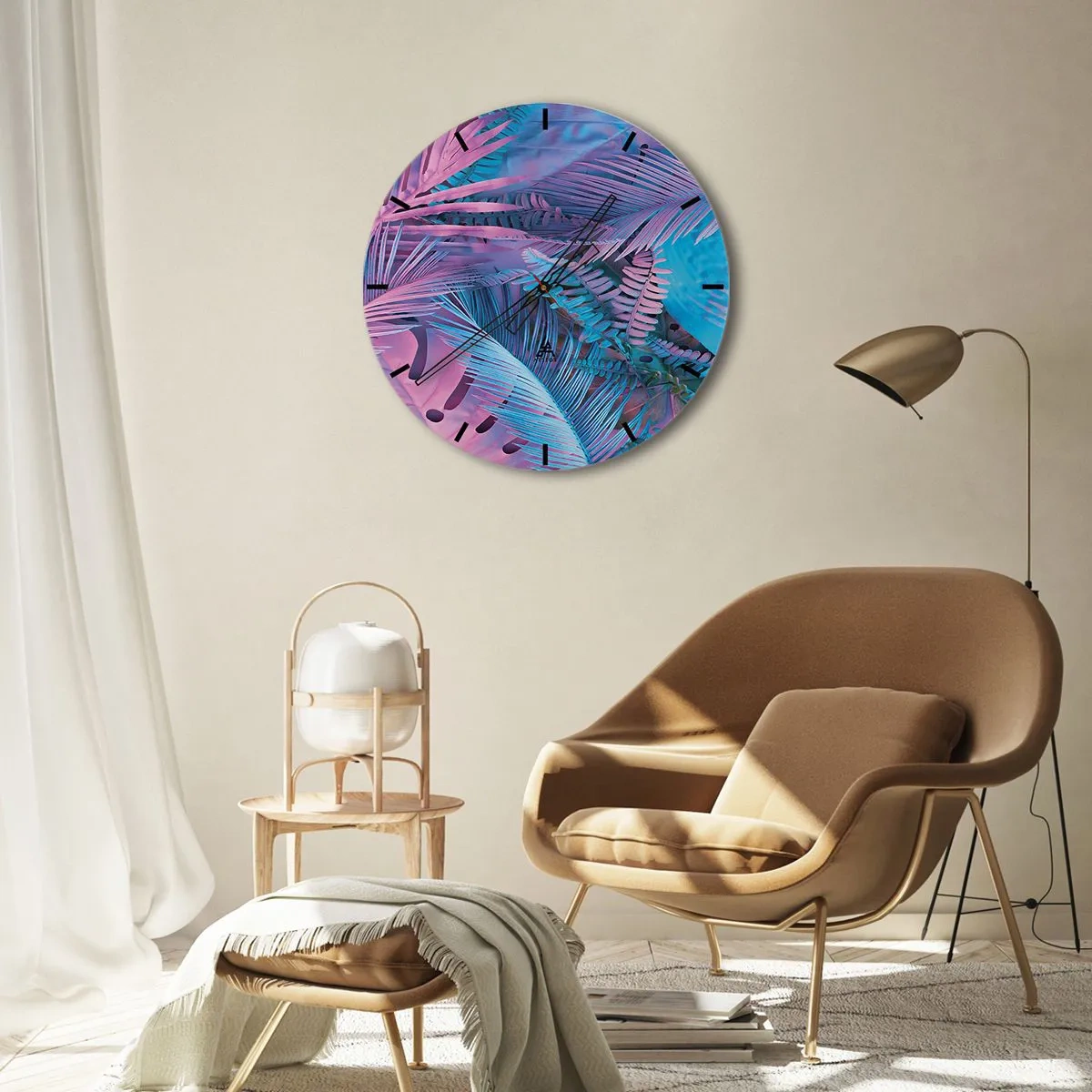 Relógio de parede - Relógio em vidro - Uma composição abstrata de folhas de palmeira em tons de rosa e azul. - 30x30cm - Trópicos em rosa e azul - Decoração de parede moderna para a sala de estar, cozinha e quarto ARTTOR