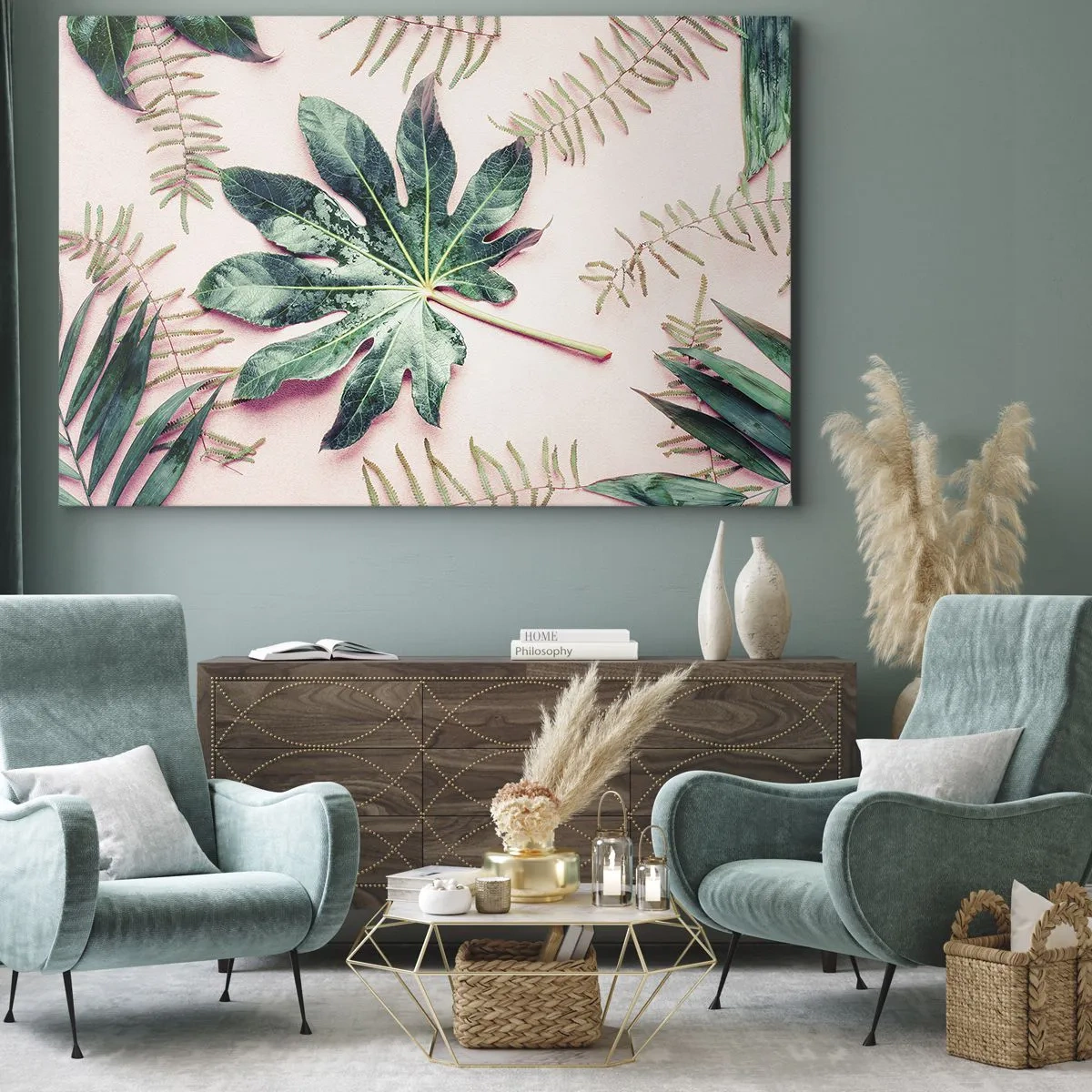 Quadro em tela - Folhas tropicais em um fundo pastel claro - 70x50cm - Estudo do verde em um fundo rosa - Decoração de parede moderna para a sala de estar e quarto ARTTOR