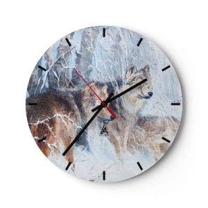 Relógio de parede - Relógio em vidro - Um lobo em uma paisagem de inverno, cercado por árvores nevadas - 30x30cm - Atenção! Está a vir... - Decoração de parede moderna para a sala de estar, cozinha e quarto ARTTOR